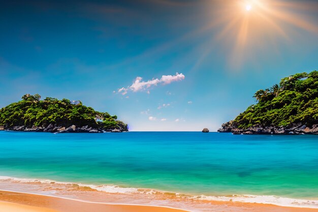 sand beach where a lush island basks in the glow of a summer sky