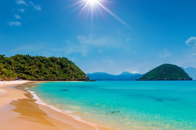 sand beach where a lush island basks in the glow of a summer sky