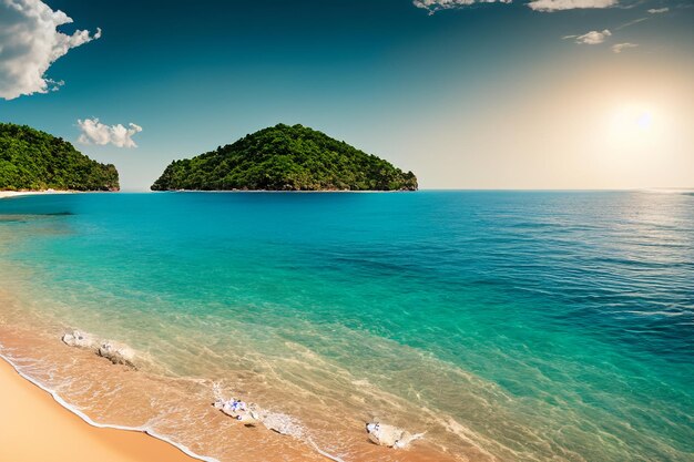 sand beach where a lush island basks in the glow of a summer sky