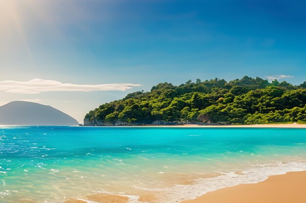 sand beach where a lush island basks in the glow of a summer sky