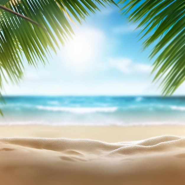 Sand beach with palm tree leaves with blurred sea background