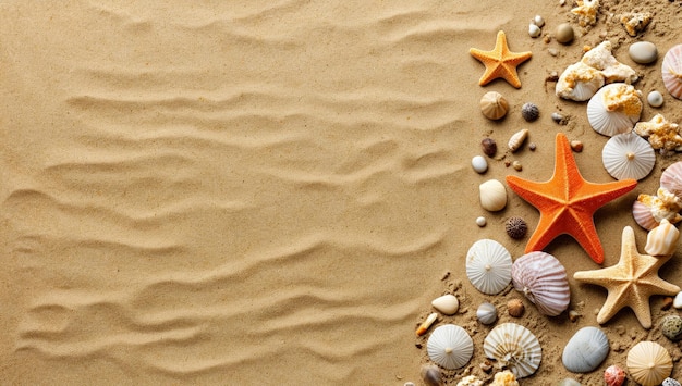 a sand beach with shells starfish and shells