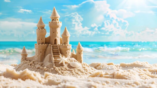 Sand castle on the beach Summer vacation concept Copy space