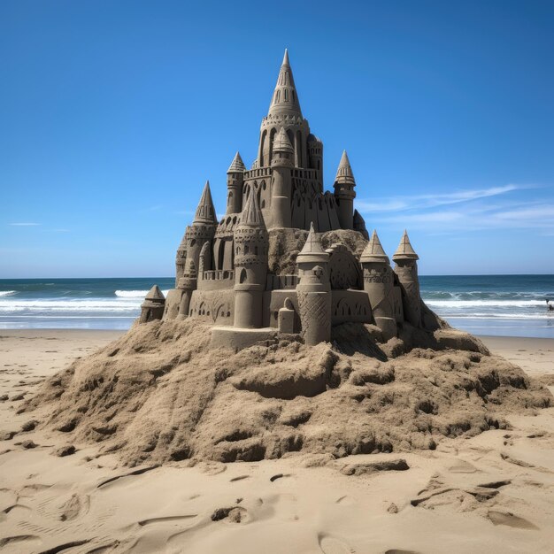 Sand castle on the beach with a blue sky in the background generative ai