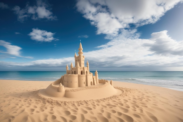 Sand castle on the beach with a cloudy sky in the background