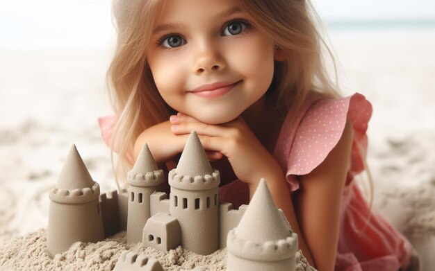 Photo sand castle building a pile of sand a girl playing in the sand by the sea