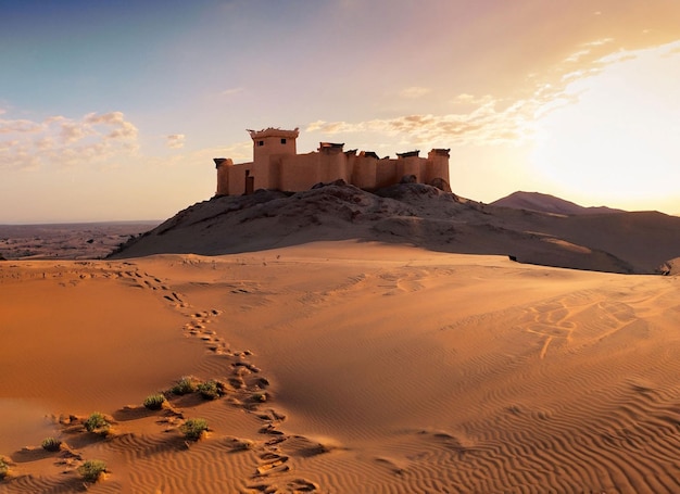 A sand castle in the desert with a sunset in the background