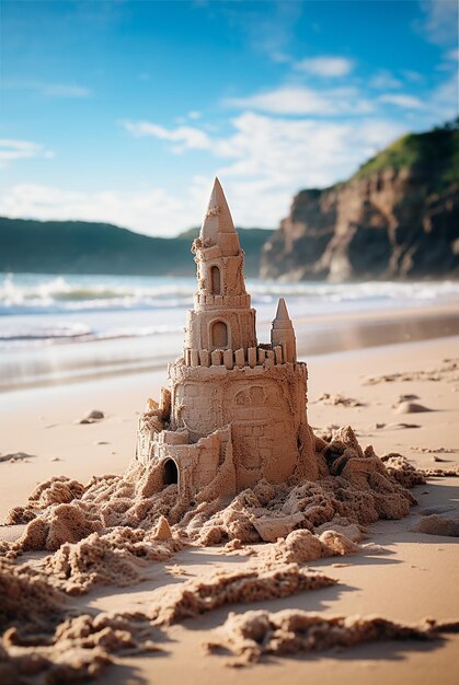 sand castle on the seashore blurred by waves