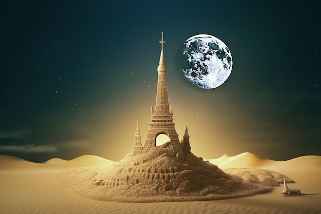 A sand castle with the moon in the background