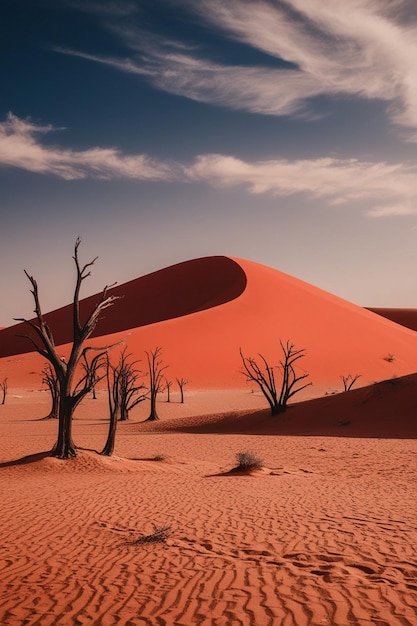 Photo a sand dune with a dead tree in the middle of it