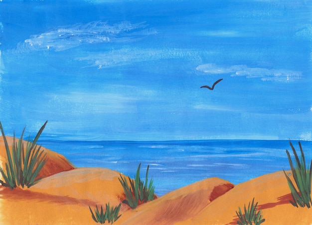 Sand dunes by the sea gouache illustration