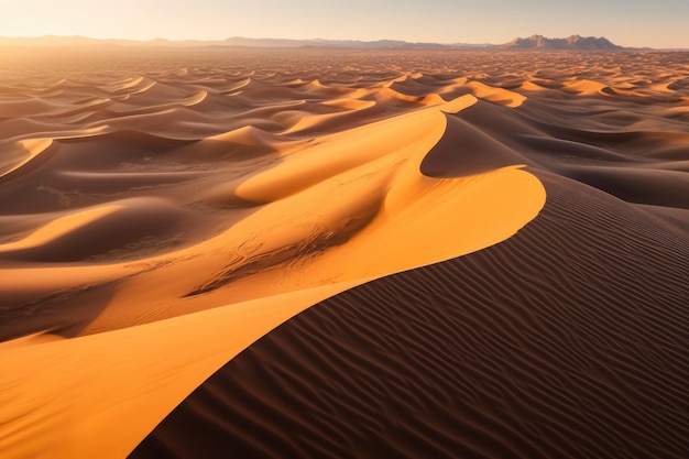 Sand dunes in the desert with the sun setting