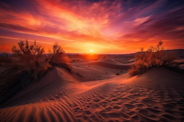 Sand dunes glowing orange and red in magical sunset created with generative ai