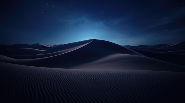 Sand dunes overlooking the sunset sunrise Desert at night under a starry sky In the night sky galaxies and nebulae Mystical surreal background