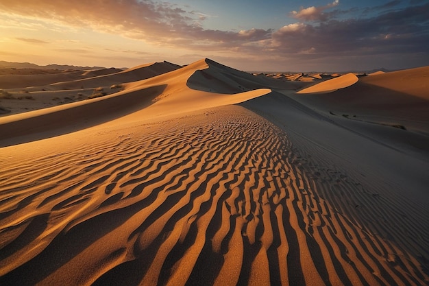 Sand dunes with rippling patterns glowing in the soft