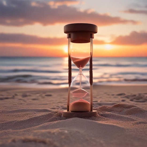 a sand hourglass is in the sand at sunset