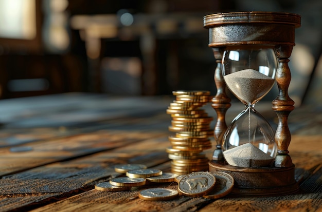 Sand hourglass on old wooden table near coin stacks current inflation design