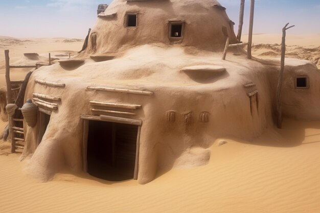 Photo a sand house in the desert with the number 90 on it.