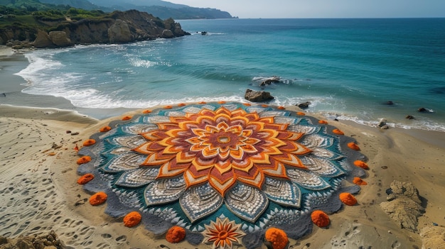 Photo sand mandala art on beach by the ocean