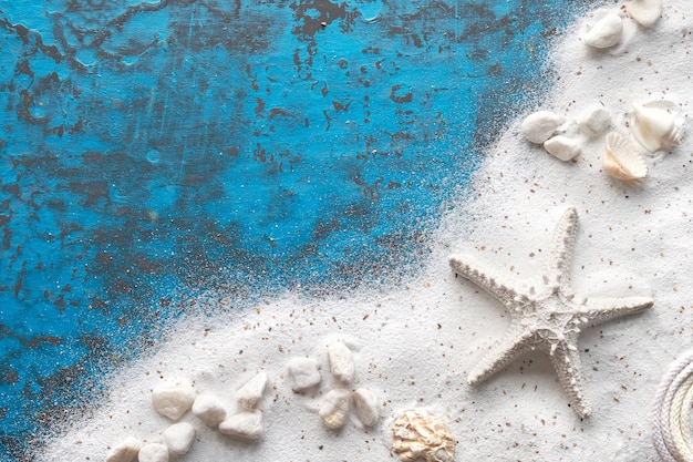 Sand and sea. seashells, starfish, stones.Monochromatic white, turquoise blue flat lay, copy-space.