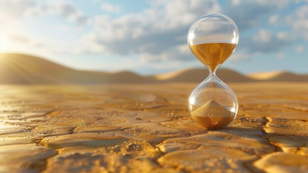 Photo sand timer on a barren desert landscape during sunset