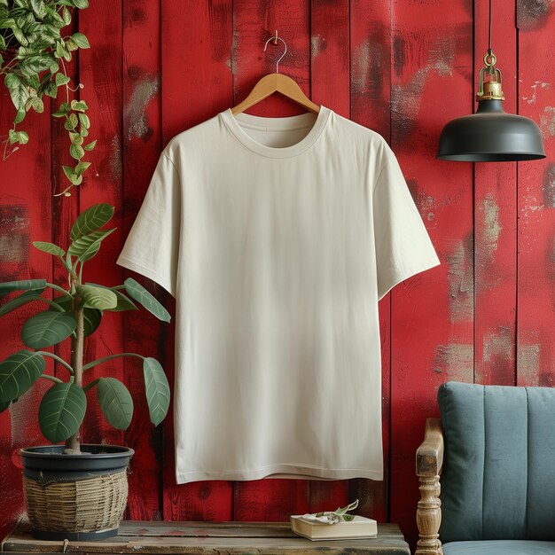 Sand tshirt mockup shirt hangs on a hanger with a plant in the background