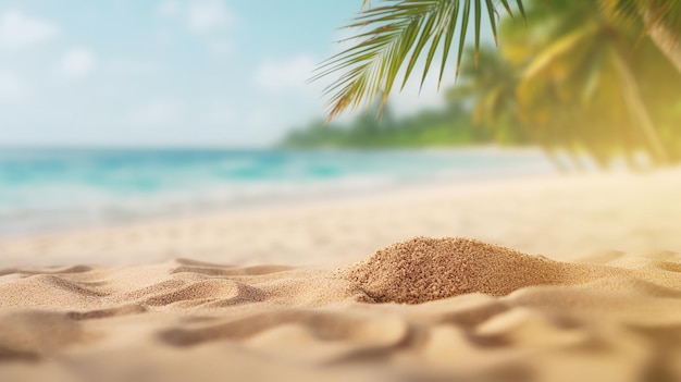 Sand with blurred Palm and tropical beach bokeh background Summer vacation and travel concept