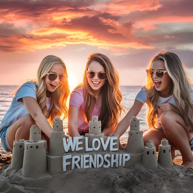 Sandcastles and Smiles Write a story about a trio of girls building sandcastles near the waters edge at sunset