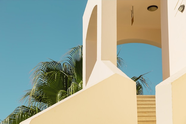 Sandcolored hotel building by the sea in a hot country with a palm tree nearby