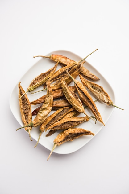 Sandgi Mirchi or Dried Stuffed Green Chillies, popular Maharashtrian side dish