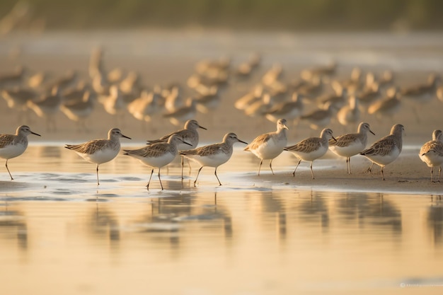 Sandpipers slender bills long legs probing for food