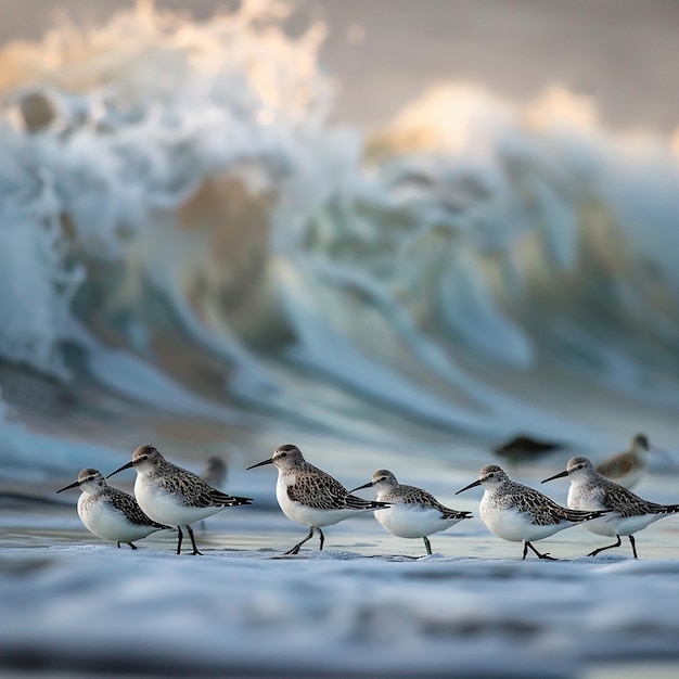 Photo sandpipers walk along the beach to eat oysters that come ashore