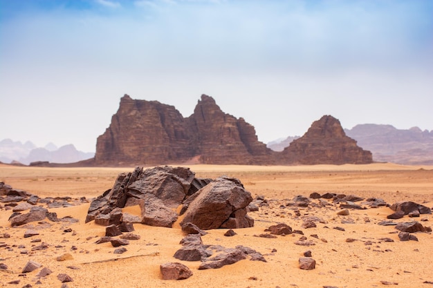 Sands and mountains of Wadi Rum desert in Jordan beautiful daytime landscape