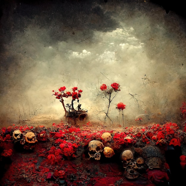 the sands of time, skulls, flowers, red rain, dark shadows