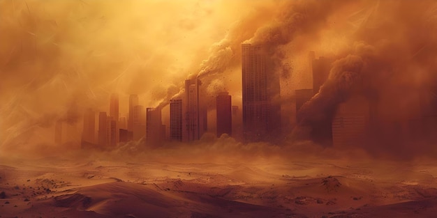 Sandstorm over desert city represents fear and propaganda spread by those in power Concept Power Fear Propaganda Sandstorm Desert City