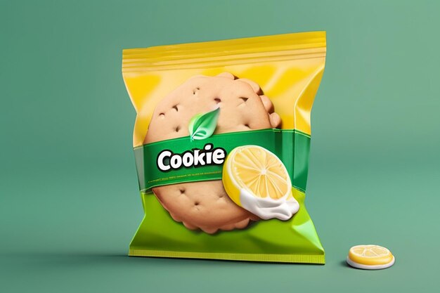 Sandwich cookie package design foil bag food package in lemon flavour isolated on green background