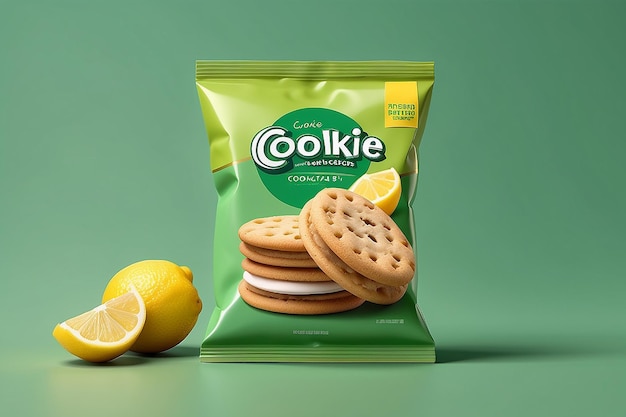 Sandwich cookie package design foil bag food package in lemon flavour isolated on green background