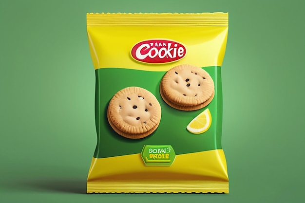 Sandwich cookie package design foil bag food package in lemon flavour isolated on green background