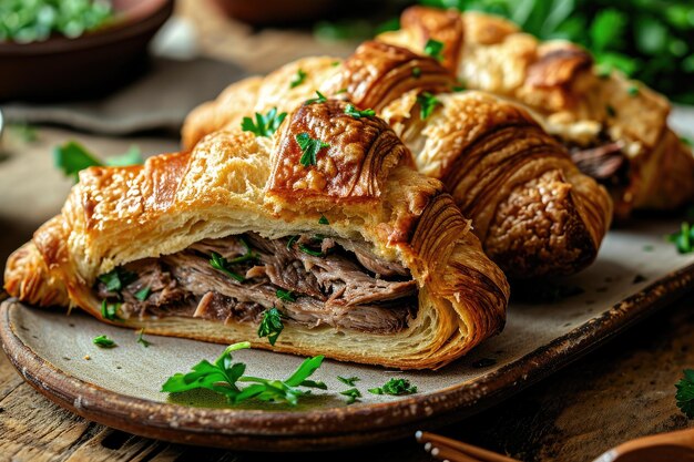 Photo sandwich croissant with appetizing meat filling on the table at a barbecue restaurant rustic baked goods in a homemade style