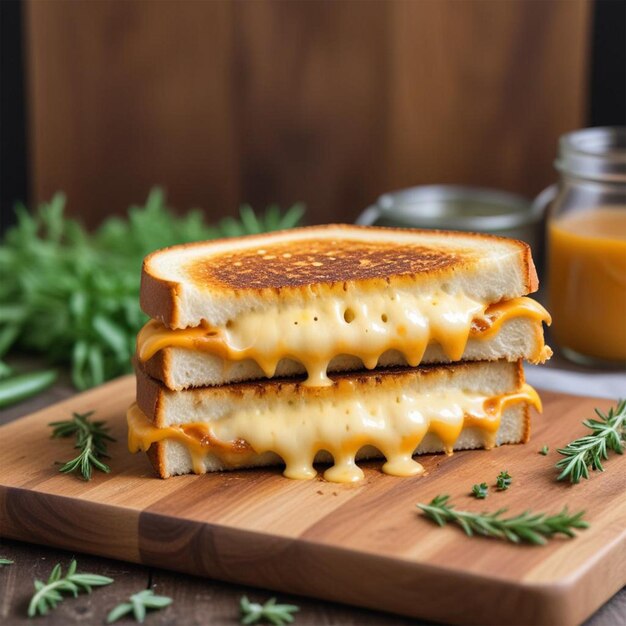 Photo a sandwich on a cutting board with a jar of jam