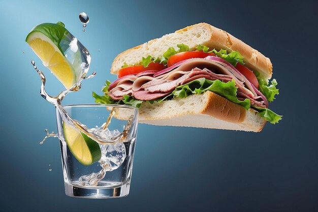 Photo sandwich flying and a glass of vodka