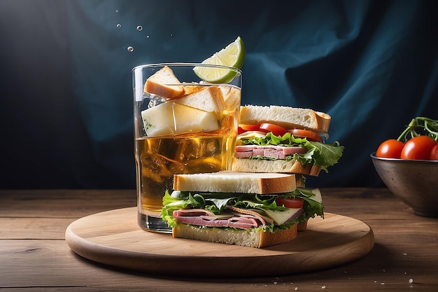 Photo sandwich flying and a glass of vodka