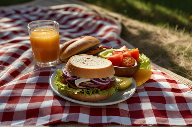 Photo a sandwich and a glass of orange juice on a table