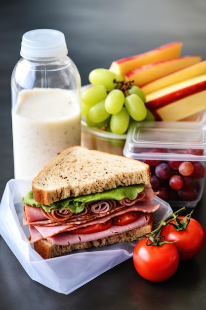 a sandwich and grapes on a table