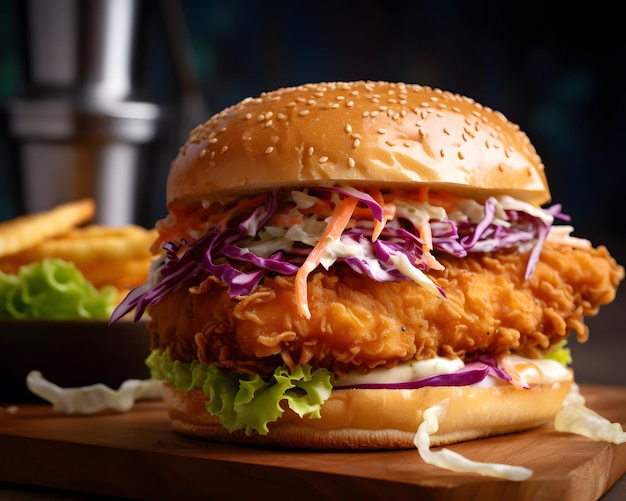 Sandwich of juicy and crunchy fried chicken with coleslaw Generative AI