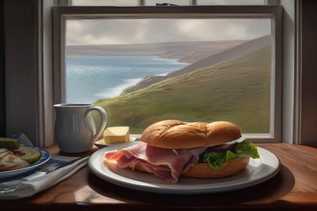 A sandwich on a plate with a cup of coffee on the window sill.