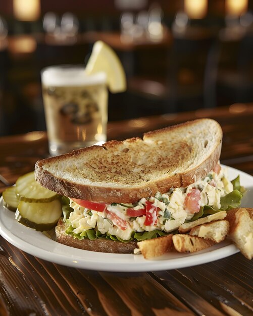 a sandwich on a plate with a glass of beer next to it