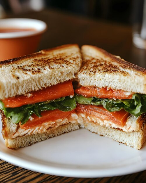 a sandwich on a plate with tomatoes and lettuce