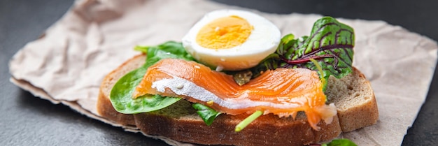 sandwich salmon smorrebrod egg green salad mix cereal bread toast seafood open fresh portion meal