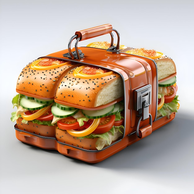 Sandwich in a suitcase on a gray background 3d illustration